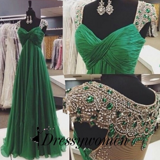 Gorgeous Prom Dress -Green A-Line Sweetheart Cap Sleeves with Beading - Click Image to Close