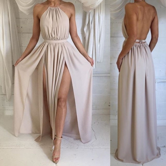 A-Line Halter Backless Champagne Chiffon Prom Dress with Both Sides Split - Click Image to Close