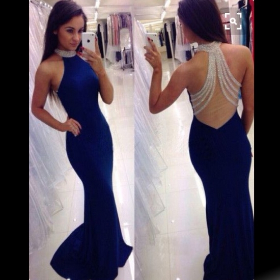 Sexy Long Prom Dress - Royal Blue Mermaid High Neck with Beading - Click Image to Close