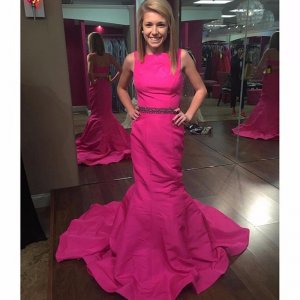 Modern Scoop Fuchsia Long Mermaid Prom Dress Evening Gown With Beading Belt