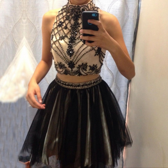 Sexy Two Piece High Neck Short Black Homecoming Dress with Beading Rhinestones - Click Image to Close