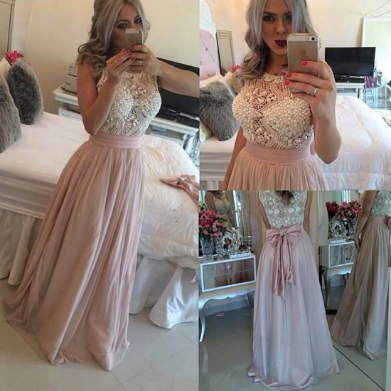 Glamorous Pearl Pink Prom Dress - Jewel Sleeveless Floor-Length with Pearls Bowknot - Click Image to Close