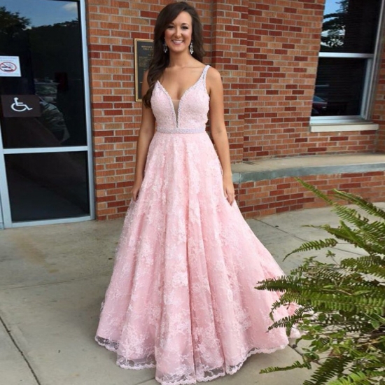 New Arrival Prom Dress - V Neck Sweep Train Lace with Pearls - Click Image to Close