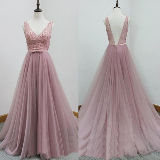 V-neck Sweep Train Backless Prom Dress with Beading Bowknot - Click Image to Close