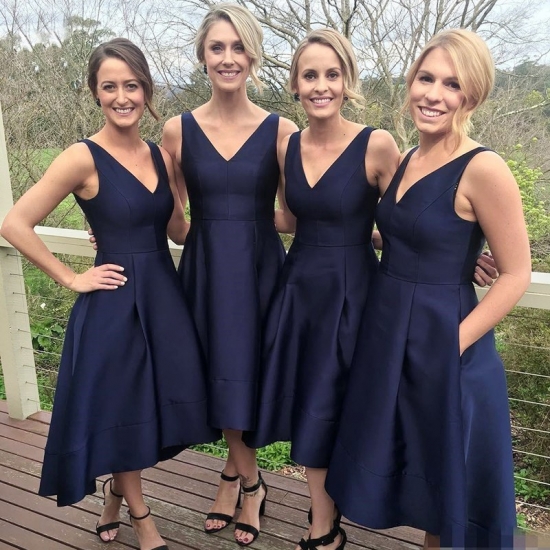 A-Line V-Neck High Low Navy Blue Prom Bridesmaid Dress with Pockets - Click Image to Close