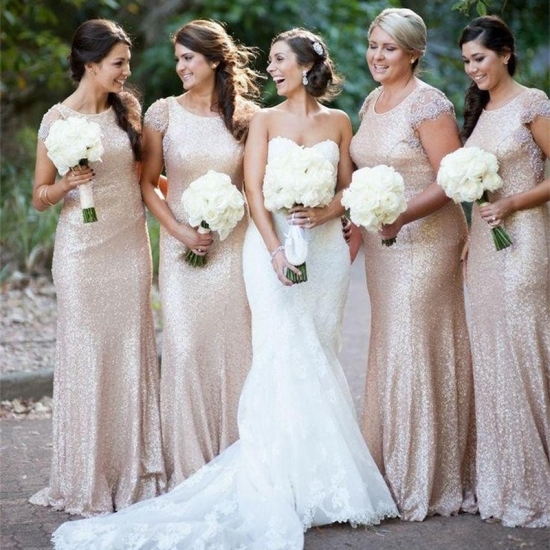 Sheath Bateau Light Champagne Sequined Bridesmaid Dress with Lace Beading - Click Image to Close