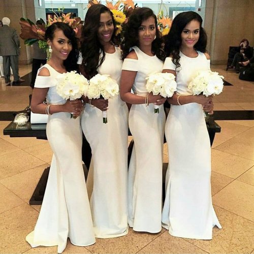 Mermaid Jewel Cold Shoulder Long White Satin Bridesmaid Dress