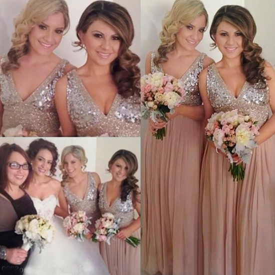 A-Line V-Neck Long Blush Chiffon Bridesmaid Dress with Beading Sequins - Click Image to Close