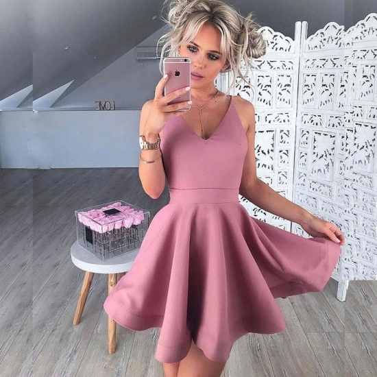 A-Line V-Neck Sleeveless Short Blush Satin Prom Homecoming Dress - Click Image to Close