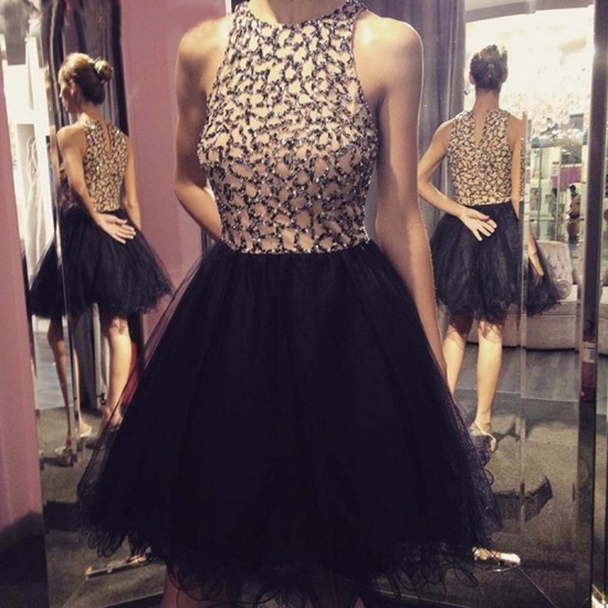 A-Line Round Neck Short Black Tulle Homecoming Dress with Beading - Click Image to Close