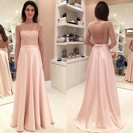 A-Line Bateau Long Sleeves Backless Pearl Pink Satin Prom Dress with Beading - Click Image to Close