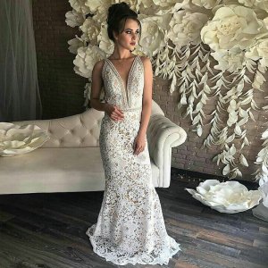 Mermaid Deep V-Neck Sleeveless Sweep Train White Lace Prom Dress