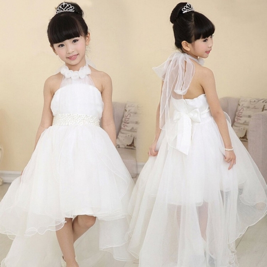 Cute Halter Princess Hi-Low Organza White Flower Girl Dress Wedding Party with Bowknot - Click Image to Close