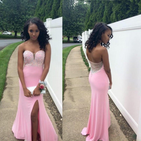 Floor Length Split Front Prom Dress ---Pink Sheath Sweetheart with Beaded - Click Image to Close