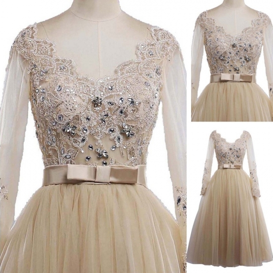 Tea-Length Bowknot Tulle Prom Dress - Champagne V-Neck with Appliques - Click Image to Close