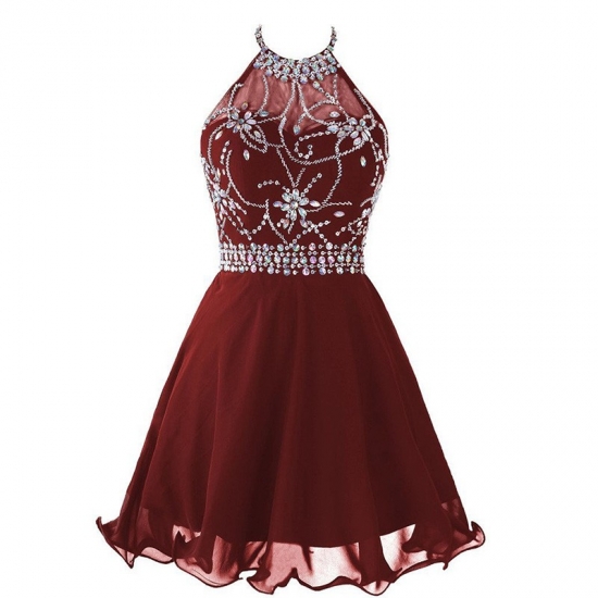 High Quality Halter Open Back Short Wine Homecoming Dress with Beading Rhinestones - Click Image to Close