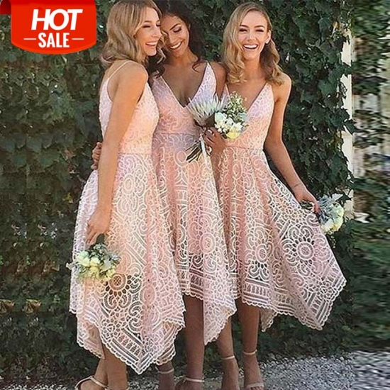 A-Line V-Neck Asymmetrical Pearl Pink Lace Bridesmaid Homecoming Dress - Click Image to Close