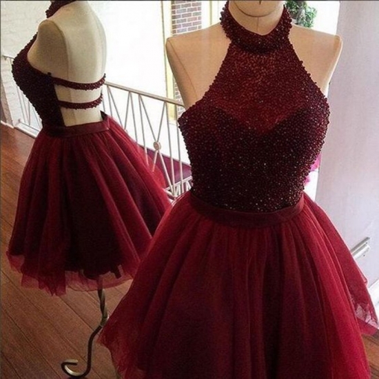 A-Line Halter Backless Short Burgundy Tulle Homecoming Dress with Beading - Click Image to Close