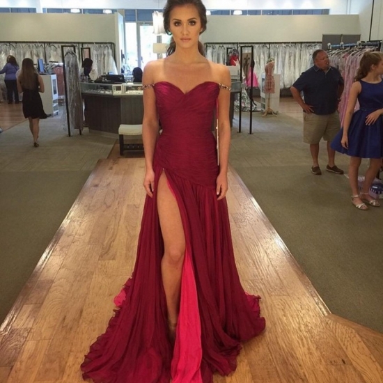 A-line Off the Shoulder Split Sweep Train Burgundy Prom Dress with Beading Pleats - Click Image to Close