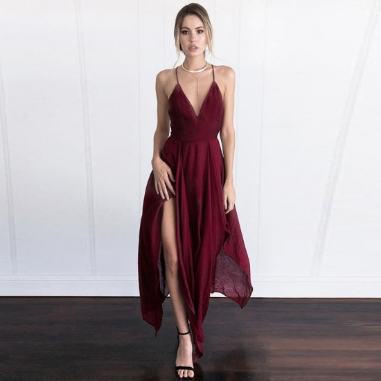 Asymmetrical Prom Homecoming Dress - Deep V-neck Sleeveless Criss-Cross Straps - Click Image to Close