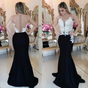 Mermaid Style Illusion Jewel Sweep Train Black Satin Prom Dress with Appliques