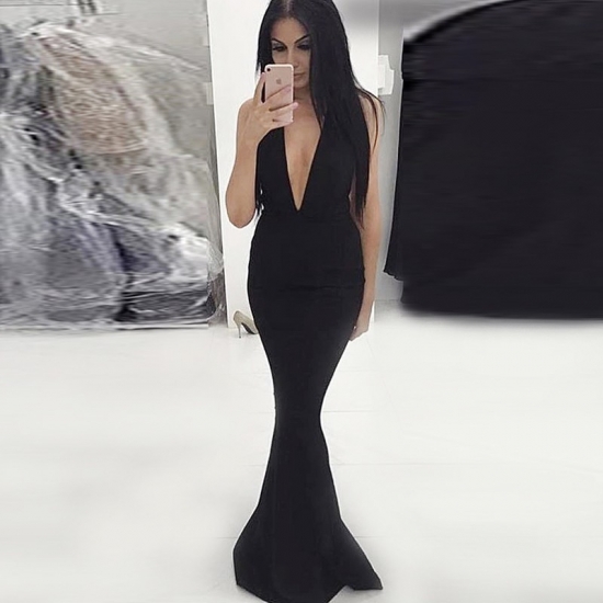 Mermaid Deep V-Neck Sweep Train Black Elastic Satin Prom Dress - Click Image to Close