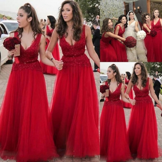 A-Line V-Neck Backless Red Tulle Bridesmaid Dress with Beading Appliques - Click Image to Close