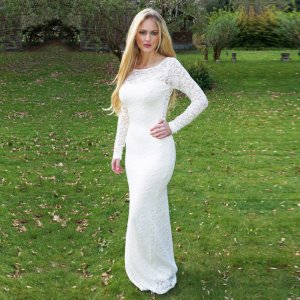 Mermaid Round Neck Long Sleeves Open Back White Lace Prom Dress