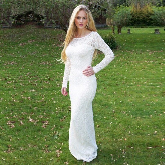 Mermaid Round Neck Long Sleeves Open Back White Lace Prom Dress - Click Image to Close