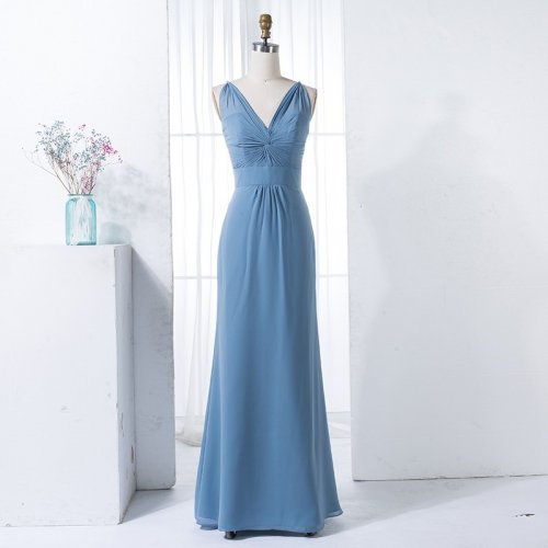 Sheath V-Neck Backless Floor-Length Dark Blue Bridesmaid Dress with Pleats