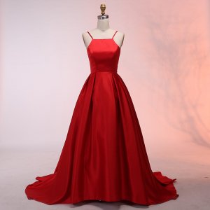 A-Line Spaghetti Straps Sweep Train Red Satin Prom Dress