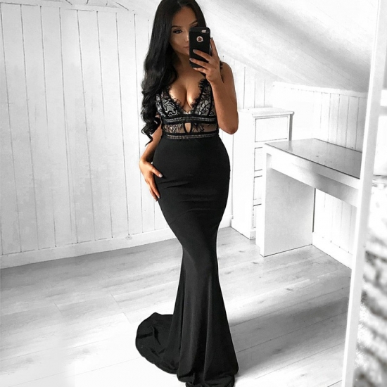 Mermaid V-Neck Sweep Train Black Prom Dress with Lace Sequins - Click Image to Close