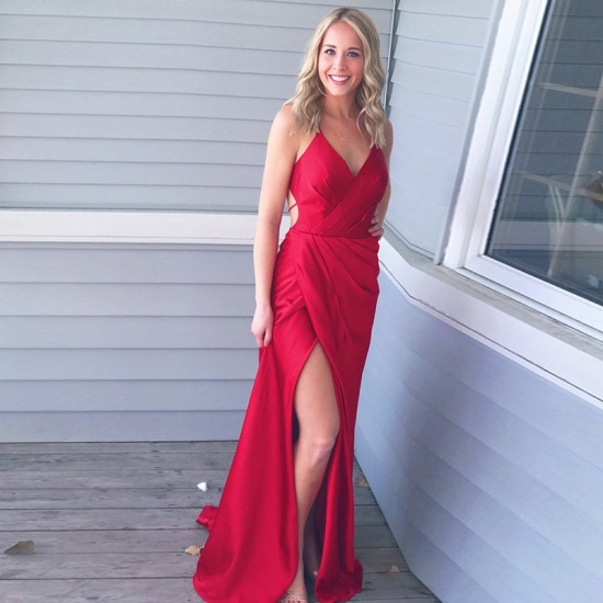 Sheath Spaghetti Straps Red Long Prom Dress with Split - Click Image to Close