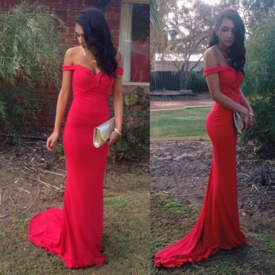 Sexy Red V Neck Mermaid Off the Shoulder Prom Party Gown - Click Image to Close