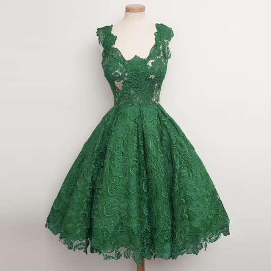 Ball Gown Scoop Knee-Length Hunter Lace Vintage Hoco Dress - Click Image to Close