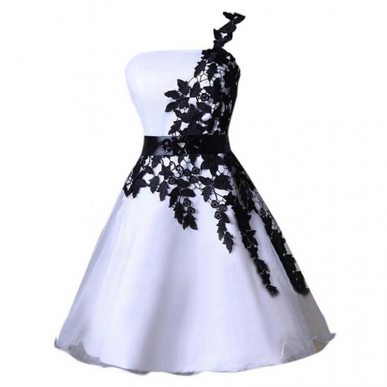 Exquisite One Shoulder Knee-Length Ivory Organza Homecoming Dress with Black Appliques - Click Image to Close