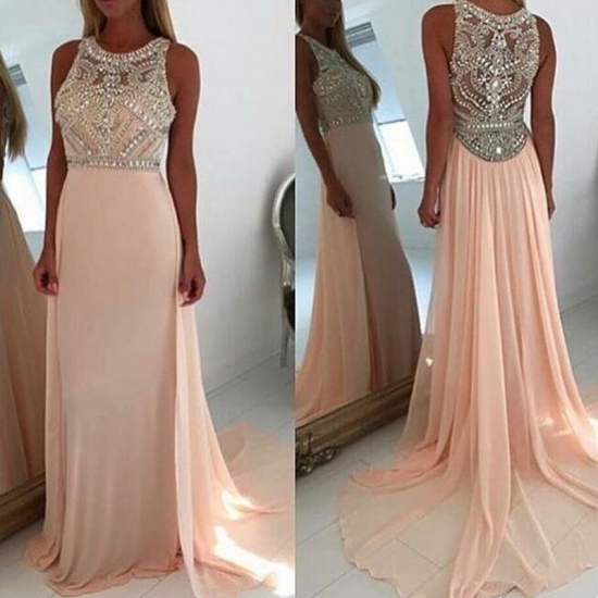 Chic A-Line Jewel Sleeveless Court Train Long Prom Dress with Beading - Click Image to Close