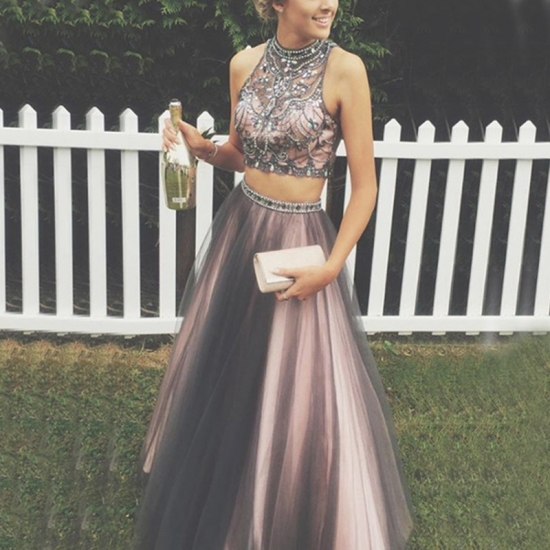 Two Piece Grey Prom Dress - High Neck Sleeveless Floor Length with Beading - Click Image to Close