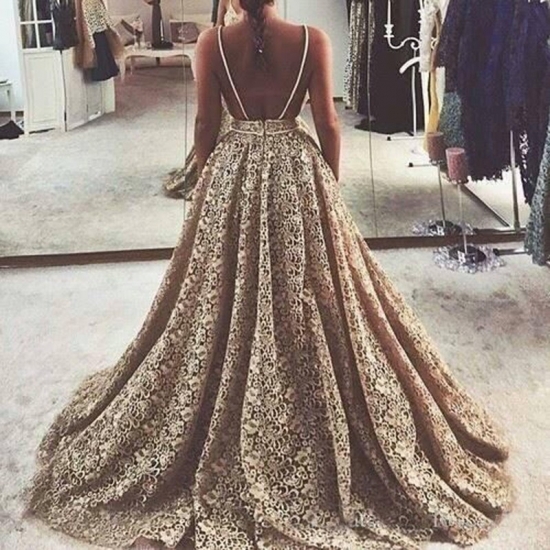 A-line Lace Wedding Dress - Champagne Gold Backless V-neck Sweep Train - Click Image to Close