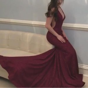 Mermaid Style Deep V-Neck Court Train Burgundy Sequined Prom Dress