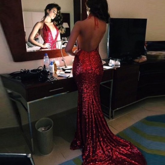 Mermaid Style Halter Backless Long Burgundy Sequined Prom Dress - Click Image to Close