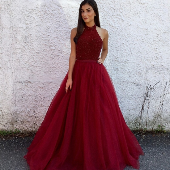 A-Line Halter Long Backless Burgundy Tulle Prom Dress with Beading - Click Image to Close