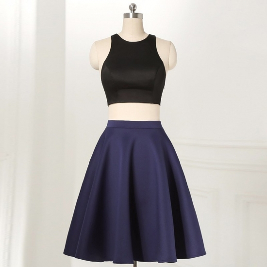 Two Piece Round Neck Sleeveless Short Navy Blue Satin Homecoming Dress - Click Image to Close