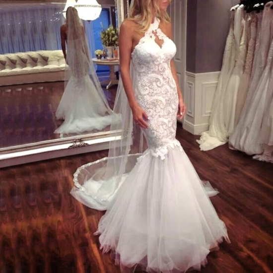 Mermaid Halter Floor-Length White Tulle Keyhole Wedding Dress with Lace - Click Image to Close