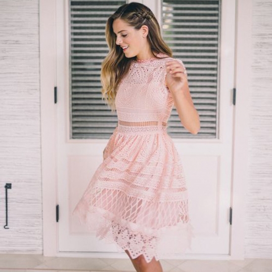 A-Line Round Neck Short Pearl Pink Lace Homecoming Dress - Click Image to Close