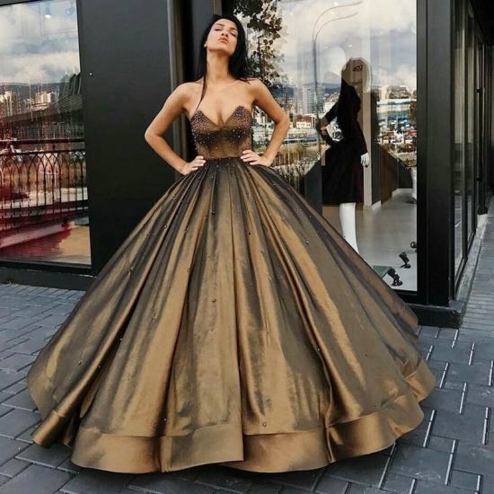 Ball Gown Sweetheart Floor-Length Brown Satin Prom Dress with Beading - Click Image to Close