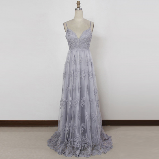 A-Line Spaghetti Straps Long Grey Tulle Prom Dress with Appliques - Click Image to Close