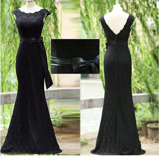 Elegant Sheath Jewel Lace Long Black Evening/Prom Dress With Appliques Sash - Click Image to Close