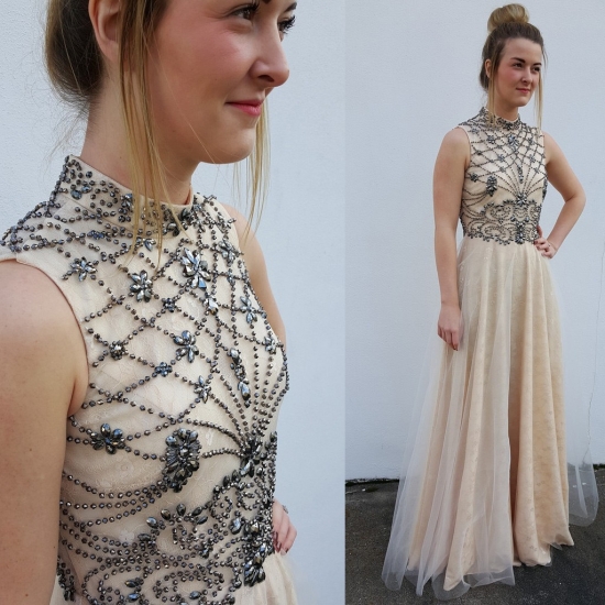 Charming Floor Length Prom Dress - Light Champagne High Neck with Beaded - Click Image to Close