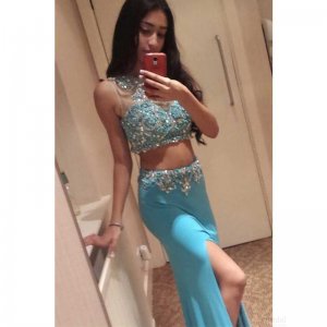 Chic Bateau Sleeveless Two piece Long Blue Prom Dress with Beading Legslit